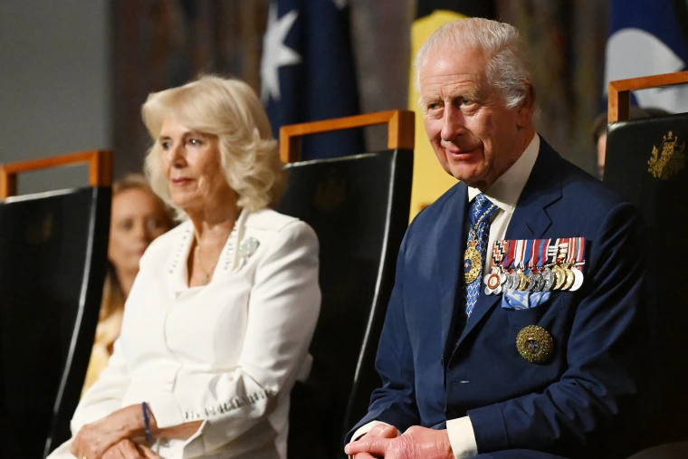 Queen Camilla and King Charles III at a ceremony at Parliament House in Canberra, Australia.